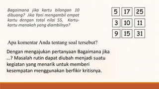 Bagaimana jika kartu bilangan 10
dibuang? Jika Yani mengambil empat
kartu dengan total nilai 55, Kartu-
kartu manakah yang diambilnya?
5 25
9
3
17
10 11
3115
Apa komentar Anda tentang soal tersebut?
Dengan mengajukan pertanyaan Bagaimana jika
…? Masalah rutin dapat diubah menjadi suatu
kegiatan yang menarik untuk memberi
kesempatan menggunakan berfikir kritisnya.
 