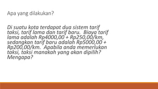 Apa yang dilakukan?
Di suatu kota terdapat dua sistem tarif
taksi, tarif lama dan tarif baru. Biaya tarif
lama adalah Rp4000,00 + Rp250,00/km,
sedangkan tarif baru adalah Rp5000,00 +
Rp200,00/km. Apabila anda memerlukan
taksi, taksi manakah yang akan dipilih?
Mengapa?
 
