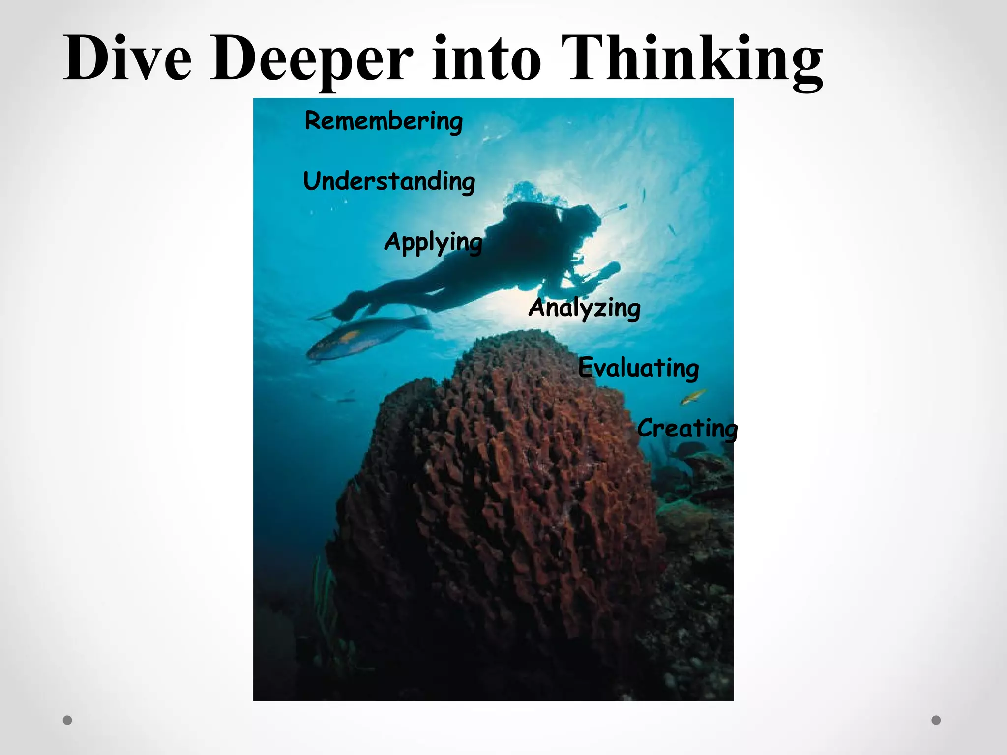 Dive Deeper into Thinking
       Remembering

       Understanding

             Applying

                        Analyzing

                            Evaluating

                                Creating
 