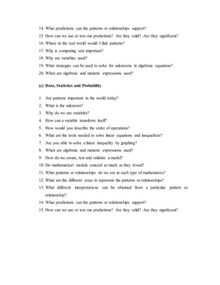 14. What predictions can the patterns or relationships support? 
15. How can we use or test our predictions? Are they valid? Are they significant? 
16. Where in the real world would I find patterns? 
17. Why is comparing sets important? 
18. Why are variables used? 
19. What strategies can be used to solve for unknowns in algebraic equations? 
20. When are algebraic and numeric expressions used? 
(c) Data, Statistics and Probability 
1. Are patterns important in the world today? 
2. What is the unknown? 
3. Why do we use variables? 
4. How can a variable transform itself? 
5. How would you describe the order of operations? 
6. What are the tools needed to solve linear equations and inequalities? 
7. Are you able to solve a linear inequality by graphing? 
8. When are algebraic and numeric expressions used? 
9. How do we create, test and validate a model? 
10. Do mathematical models conceal as much as they reveal? 
11. What patterns or relationships do we see in each type of mathematics? 
12. What are the different ways to represent the patterns or relationships? 
13. What different interpretations can be obtained from a particular pattern or 
relationship? 
14. What predictions can the patterns or relationships support? 
15. How can we use or test our predictions? Are they valid? Are they significant? 
 