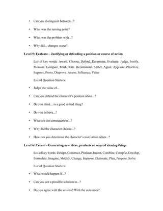 • Can you distinguish between...? 
• What was the turning point? 
• What was the problem with...? 
• Why did... changes occur? 
Level 5: Evaluate – Justifying or defending a position or course of action 
List of key words: Award, Choose, Defend, Determine, Evaluate, Judge, Justify, 
Measure, Compare, Mark, Rate, Recommend, Select, Agree, Appraise, Prioritize, 
Support, Prove, Disprove. Assess, Influence, Value 
List of Question Starters: 
• Judge the value of... 
• Can you defend the character’s position about...? 
• Do you think... is a good or bad thing? 
• Do you believe...? 
• What are the consequences...? 
• Why did the character choose...? 
• How can you determine the character’s motivation when...? 
Level 6: Create – Generating new ideas, products or ways of viewing things 
List of key words: Design, Construct, Produce, Invent, Combine, Compile, Develop, 
Formulate, Imagine, Modify, Change, Improve, Elaborate, Plan, Propose, Solve 
List of Question Starters: 
• What would happen if...? 
• Can you see a possible solution to...? 
• Do you agree with the actions? With the outcomes? 
 