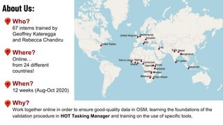 About Us:
Who?
67 interns trained by
Geoffrey Kateregga
and Rebecca Chandiru
Where?
Online…
from 24 different
countries!
When?
12 weeks (Aug-Oct 2020)
Why?
Work together online in order to ensure good-quality data in OSM, learning the foundations of the
validation procedure in HOT Tasking Manager and training on the use of specific tools.
 