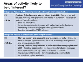 Integrated Activity A: Maximising innovation through smart specialisation
ESF
£4.9m
Employer led solutions to address higher level skills. Demand led and
focused primarily on higher level skills needs of our Smart Specialisation
sectors. Examples include:
- Skills for innovation
- Increasing participation in areas with higher level skills shortages
- Promoting and increasing higher level apprenticeships
- Boosting demand for STEM subjects
Integrated Activity B: Enterprise & SME competitiveness
ESF
£16.9m
- Start-up support and leadership and management skills – linking to
ERDF start-up support activities, focus on leadership, management
and entrepreneurial skills
- Linking students and graduates to industry and retaining higher level
skills – Creating opportunities for students and graduates to engage
with SMEs and supporting capacity of SMEs to innovate.
- Improving workforce skills – Investing in Level 2, intermediate
technical and higher level skills.
Areas of activity likely to
be of interest?
 