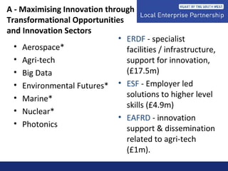 A - Maximising Innovation through
Transformational Opportunities
and Innovation Sectors
• Aerospace*
• Agri-tech
• Big Data
• Environmental Futures*
• Marine*
• Nuclear*
• Photonics
• ERDF - specialist
facilities / infrastructure,
support for innovation,
(£17.5m)
• ESF - Employer led
solutions to higher level
skills (£4.9m)
• EAFRD - innovation
support & dissemination
related to agri-tech
(£1m).
 