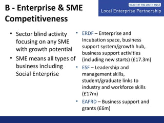 B - Enterprise & SME
Competitiveness
• Sector blind activity
focusing on any SME
with growth potential
• SME means all types of
business including
Social Enterprise
• ERDF – Enterprise and
Incubation space, business
support system/growth hub,
business support activities
(including new starts) (£17.3m)
• ESF – Leadership and
management skills,
student/graduate links to
industry and workforce skills
(£17m)
• EAFRD – Business support and
grants (£6m)
 