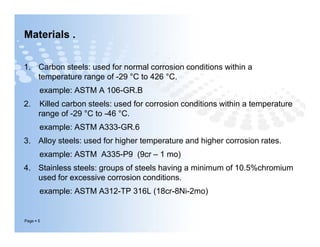 Materials .
1. Carbon steels: used for normal corrosion conditions within a
temperature range of -29 °C to 426 °C.
example: ASTM A 106-GR.B
2. Killed carbon steels: used for corrosion conditions within a temperature
range of -29 °C to -46 °C.
example: ASTM A333-GR.6
3. Alloy steels: used for higher temperature and higher corrosion rates.
example: ASTM A335-P9 (9cr – 1 mo)
4. Stainless steels: groups of steels having a minimum of 10.5%chromium
used for excessive corrosion conditions.
example: ASTM A312-TP 316L (18cr-8Ni-2mo)
Page  5
1. Carbon steels: used for normal corrosion conditions within a
temperature range of -29 °C to 426 °C.
example: ASTM A 106-GR.B
2. Killed carbon steels: used for corrosion conditions within a temperature
range of -29 °C to -46 °C.
example: ASTM A333-GR.6
3. Alloy steels: used for higher temperature and higher corrosion rates.
example: ASTM A335-P9 (9cr – 1 mo)
4. Stainless steels: groups of steels having a minimum of 10.5%chromium
used for excessive corrosion conditions.
example: ASTM A312-TP 316L (18cr-8Ni-2mo)
 