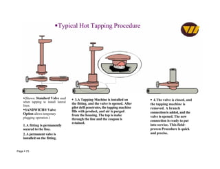 
Typical Hot Tapping Procedure
Page  75
(Shown: Standard Valve used
when tapping to install lateral
lines.
SANDWICH® Valve
Option allows temporary
plugging operation.)
1.A fitting is permanently
secured to the line.
2.A permanent valve is
installed on the fitting.
 3.A Tapping Machine is installed on
the fitting, and the valve is opened. After
pilot drill penetrates, the tapping machine
fills with product, and air is purged
from the housing. The tap is make
through the line and the coupon is
retained.
 4.The valve is closed, and
the tapping machine is
removed. A branch
connection is added, and the
valve is opened. The new
connection is ready to put
into service. This field-
proven Procedure is quick
and precise.
 