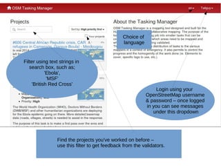 Filter using text strings in
search box, such as;
'Ebola',
'MSF'
'British Red Cross'
Find the projects you've worked on before –
use this filter to get feedback from the validators.
Choice of
language
 