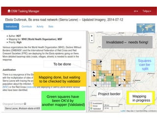 Green squares have
been OK'd by
another mapper (Validated)
Mapping done, but waiting
to be checked by validator
Mapping
in progress
Invalidated – needs fixing!
To be done
Project border
Squares
can be
split
 