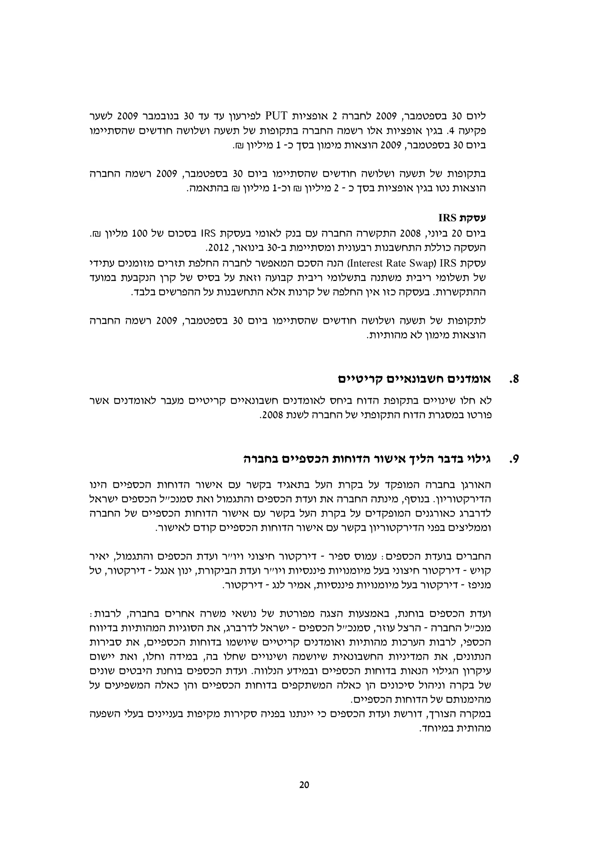 ‫ליום 03 בספטמבר, 9002 לחברה 2 אופציות ‪ PUT‬לפירעון עד עד 03 בנובמבר 9002 לשער‬
‫פקיעה 4. בגין אופציות אלו רשמה החברה בתקופות של תשעה ושלושה חודשים שהסתיימו‬
                            ‫ביום 03 בספטמבר, 9002 הוצאות מימון בסך כ- 1 מיליון ₪.‬

‫בתקופות של תשעה ושלושה חודשים שהסתיימו ביום 03 בספטמבר, 9002 רשמה החברה‬
                 ‫הוצאות נטו בגין אופציות בסך כ - 2 מיליון ₪ וכ-1 מיליון ₪ בהתאמה.‬

                                                                      ‫עסקת ‪IRS‬‬
‫ביום 02 ביוני, 8002 התקשרה החברה עם בנק לאומי בעסקת ‪ IRS‬בסכום של 001 מליון ₪.‬
                       ‫העסקה כוללת התחשבנות רבעונית ומסתיימת ב-03 בינואר, 2102.‬
‫עסקת ‪ (Interest Rate Swap) IRS‬הנה הסכם המאפשר לחברה החלפת תזרים מזומנים עתידי‬
‫של תשלומי ריבית משתנה בתשלומי ריבית קבועה וזאת על בסיס של קרן הנקבעת במועד‬
         ‫ההתקשרות. בעסקה כזו אין החלפה של קרנות אלא התחשבנות על ההפרשים בלבד.‬

‫לתקופות של תשעה ושלושה חודשים שהסתיימו ביום 03 בספטמבר, 9002 רשמה החברה‬
                                                  ‫הוצאות מימון לא מהותיות.‬


                                                      ‫אומדנים חשבונאיים קריטיים‬            ‫8.‬
‫לא חלו שינויים בתקופת הדוח ביחס לאומדנים חשבונאיים קריטיים מעבר לאומדנים אשר‬
                                ‫פורטו במסגרת הדוח התקופתי של החברה לשנת 8002.‬


                                 ‫גילוי בדבר הליך אישור הדוחות הכספיים בחברה‬                ‫9.‬
‫האורגן בחברה המופקד על בקרת העל בתאגיד בקשר עם אישור הדוחות הכספיים הינו‬
‫הדירקטוריון. בנוסף, מינתה החברה את ועדת הכספים והתגמול ואת סמנכ"ל הכספים ישראל‬
‫לדרברג כאורגנים המופקדים על בקרת העל בקשר עם אישור הדוחות הכספיים של החברה‬
             ‫וממליצים בפני הדירקטוריון בקשר עם אישור הדוחות הכספיים קודם לאישור.‬

‫החברים בועדת הכספים: עמוס ספיר - דירקטור חיצוני ויו"ר ועדת הכספים והתגמול, יאיר‬
‫קויש - דירקטור חיצוני בעל מיומנויות פיננסיות ויו"ר ועדת הביקורת, ינון אנגל - דירקטור, טל‬
                             ‫מניפז - דירקטור בעל מיומנויות פיננסיות, אמיר לנג - דירקטור.‬

‫ועדת הכספים בוחנת, באמצעות הצגה מפורטת של נושאי משרה אחרים בחברה, לרבות:‬
‫מנכ"ל החברה - הרצל עוזר, סמנכ"ל הכספים - ישראל לדרברג, את הסוגיות המהותיות בדיווח‬
‫הכספי, לרבות הערכות מהותיות ואומדנים קריטיים שיושמו בדוחות הכספיים, את סבירות‬
‫הנתונים, את המדיניות החשבונאית שיושמה ושינויים שחלו בה, במידה וחלו, ואת יישום‬
‫עיקרון הגילוי הנאות בדוחות הכספיים ובמידע הנלווה. ועדת הכספים בוחנת היבטים שונים‬
‫של בקרה וניהול סיכונים הן כאלה המשתקפים בדוחות הכספיים והן כאלה המשפיעים על‬
                                                      ‫מהימנותם של הדוחות הכספיים.‬
‫במקרה הצורך, דורשת ועדת הכספים כי יינתנו בפניה סקירות מקיפות בעניינים בעלי השפעה‬
                                                                    ‫מהותית במיוחד.‬



                                             ‫02‬
 