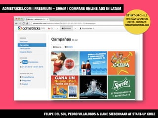ADMETRICKS.COM | FREEMIUM – $99/M | COMPARE ONLINE ADS IN LATAM 
FELIPE DEL SOL, PEDRO VILLALOBOS & LIANE SIEBENHAAR AT START-UP CHILE
WE	
  HAVE	
  A	
  SPECIAL	
  
OFFER.	
  CONTACT:	
  
felipe@admetricks.com
 