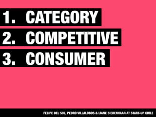 1.  CATEGORY
2.  COMPETITIVE
3.  CONSUMER
FELIPE DEL SOL, PEDRO VILLALOBOS & LIANE SIEBENHAAR AT START-UP CHILE
 