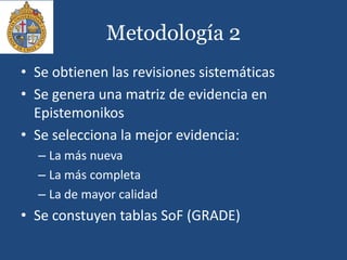 Metodología 2
• Se obtienen las revisiones sistemáticas
• Se genera una matriz de evidencia en
Epistemonikos
• Se selecciona la mejor evidencia:
– La más nueva
– La más completa
– La de mayor calidad
• Se constuyen tablas SoF (GRADE)
 