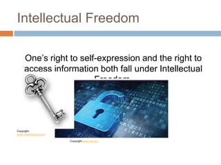 Intellectual Freedom
One‟s right to self-expression and the right to
access information both fall under Intellectual
Freedom.
Copyright www.ala.org
Copyright:
www.thewritingnut.com
 