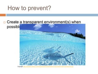 How to prevent?
 Create a transparent environment(s) when
possible
Copyright: http://topwalls.net/wp-content/uploads/2012/05/maldives-transparent-water-and-blue-sky.jpg
 