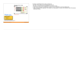 © 2015 STAG Software Private Limited. All rights reserved.
Structured & Scientific approach to design
8
3 What is the design approach?
E2 : Set of user stories of a epic
E1 : User story
E3 : Set of user stories of a ﬂow
L1-L4
L4
L5-L8
L5-L8
(across sprints & epics)
E4 : Set of user stories of bigger ﬂow
(within a sprint)
T&P
E&E
E&E
E&E
T&P : Think & Prove
Evaluating statically,
Read in Frictionless Development Testing
E&E : Execute & Evaluate
Dynamic evaluation. Design test cases & execute
(Manual/Automated)
Once we understood that there are FOUR types of entities and certain types of tests are more applicable than others and those types of test has been stratified in EIGHT levels L1-
L8, we need to figure out the approach to evaluation.
There are two to evaluate correctness
T&P – Think & Prove – Evaluating statically
E&E – Dynamically evaluate, Design test cases & execute (Manual/Automated)
The typical approach to validation has always been about well documented test cases, converting them to scripts and learns & executes them to evaluate correctness.
The difference in Think & Prove is that we have been much faster because we do not detect an issue but try to prevent the issue. Since the user story is a smaller element it is worth
to think in terms of the approach to evaluate statically rather that by execution.
As the entities aggregate and becomes bigger it can become intellectually difficult to evaluate statically and hence it becomes necessary for us to execute the test cases.
Slide 9
So when we talk about T&P – Think & Prove, we mean that instead of going through an external stimulus to uncover potential issues in the code we can change the approach by
Put in tests in the code – Simple asserts for validating certain correctness, inputs
8
 