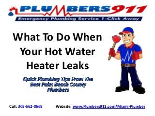 What To Do When
Your Hot Water
Heater Leaks

Call: 305-662-0668

Website: www.Plumbers911.com/Miami-Plumber

 