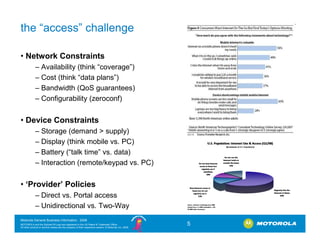 the “access” challenge

• Network Constraints
             – Availability (think “coverage”)
             – Cost (think “d...