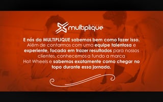 E nós da MULTIPLIQUE sabemos bem como fazer isso.
Além de contarmos com uma equipe talentosa e
experiente, focada em trazer resultados para nossos
clientes, conhecemos a fundo a marca
Hot Wheels e sabemos exatamente como chegar no
topo durante essa jornada.
 