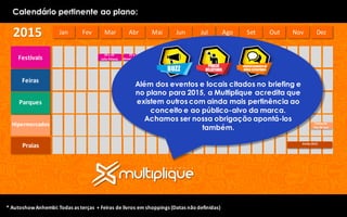 Calendário pertinente ao plano:
Mar Abr Mai Jun Jul Ago Set Out Nov DezJan Fev
Feiras
Praias
Hipermercados
2015
Parques
*	AutoshowAnhembi:	Todas	as	terças		+	Feiras	de	livros	em	shoppings	(Datas	não	definidas)
Festivais
25	e	26
Monsters of Rock
1	a	3
Tomorrowland
29	e	29
Lolla Paloosa
12
Z Festival
Férias
Escolares
Semana	do
Saco	Cheio
20	a	31
Bienal	do	Livro
Férias
Escolares
Mês	das
crianças
Festas de	
fim	de	ano
Verão 2015
3 a	7
Fashion	Week
Além dos eventos e locais citados no briefing e
no plano para 2015, a Multiplique acredita que
existem outros com ainda mais pertinência ao
conceito e ao público-alvo da marca.
Achamos ser nossa obrigação apontá-los
também.
 
