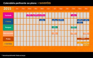 Calendário pertinente ao plano: + SUGESTÕES
Mar Abr Mai Jun Jul Ago Set Out Nov DezJan Fev
+ Feiras
Praias
Hipermercados
2015
Parques
+	Corridas
*	AutoshowAnhembi:	Todas	as	terças
Festivais
25	e	26
Monsters of Rock
1	a	3
Tomorrowland
29	e	29
Lolla Paloosa
12
Z Festival
Férias
Escolares
Semana	do
Saco	Cheio
3	a	6
Comic Con
3 a	7
Fashion	Week
1	a	4
Fest Comix
26
Anima	Mundi
14	e	15
Animecon
Férias
Escolares
Mês	das
crianças
Festas de	
fim	de	ano
Verão 2015
15
Formula	1
13
Stock	Car
6
Formula	Truck
20	a	31
Bienal	do	Livro
 