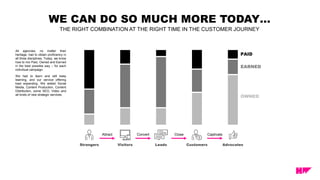 WE CAN DO SO MUCH MORE TODAY…
THE RIGHT COMBINATION AT THE RIGHT TIME IN THE CUSTOMER JOURNEY
Attract Convert Close Captivate
Strangers Visitors Leads Customers Advocates
EARNED
PAID
OWNED
All agencies, no matter their
heritage, had to obtain proficiency in
all three disciplines. Today, we know
how to mix Paid, Owned and Earned
in the best possible way – for each
individual campaign.
We had to learn and still keep
learning, and our service offering
kept expanding. We added Social
Media, Content Production, Content
Distribution, some SEO, Video and
all kinds of new strategic services.
 