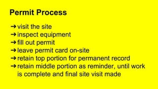 Permit Process 
➔visit the site 
➔inspect equipment 
➔fill out permit 
➔leave permit card on-site 
➔retain top portion for permanent record 
➔retain middle portion as reminder, until work 
is complete and final site visit made 
 
