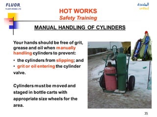 35
Your hands should be free of grit,
grease and oil when manually
handling cylindersto prevent:
• the cylinders from slipping; and
• grit or oil entering the cylinder
valve.
Cylindersmustbe moved and
staged in bottle carts with
appropriate size wheels for the
area.
MANUAL HANDLING OF CYLINDERS
HOT WORKS
Safety Training
 