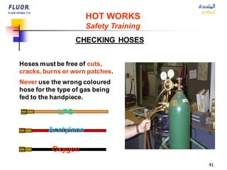 41
LPG
Acetylene
Oxygen
Hoses must be free of cuts,
cracks, burns or worn patches.
Never use the wrong coloured
hose for the type of gas being
fed to the handpiece.
CHECKING HOSES
HOT WORKS
Safety Training
 