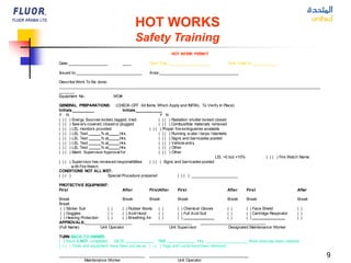 9
HOT WORKS
Safety Training
HOT WORK PERMIT
Date:__________________ ____ Start Time:___________________ Time Valid To:___________
Issued to:______________________________ Area:____________________________________
Describe Work To Be done:
_______________________________________________________________________________________________________________________
_______
Equipment No.: WO#:
GENERAL PREPARATIONS: (CHECK-OFF All Items Which Apply and INITIAL To Verify In Place)
Initials__________ Initials____________
Y N Y N
( ) ( ) Energy Sources locked, tagged, tried ( ) ( ) Radiation shutter locked closed
( ) ( ) Sew ers covered, closed or plugged ( ) ( ) Combustible materials removed
( ) ( ) LEL monitors provided ( ) ( ) Proper fire extinguisher available
( ) ( ) LEL Test % at Hrs. ( ) ( ) Running w ater / tarps / blankets
( ) ( ) LEL Test % at Hrs. ( ) ( ) Signs and barricades posted
( ) ( ) LEL Test % at Hrs. ( ) ( ) Vehicle entry
( ) ( ) LEL Test % at Hrs. ( ) ( ) Other
( ) ( ) Maint. Supervisor Approvalfor ( ) ( ) Other
LEL >0 but <10% ( ) ( ) Fire Watch Name:
( ) ( ) Supervisor has reviewed responsibilities ( ) ( ) Signs and barricades posted
w ith Fire Watch
CONDITIONS NOT ALL MET:
( ) ( ) Special Procedure prepared ( ) ( ) _____________________
PROTECTIVE EQUIPMENT:
First After FirstAfter First After First After
Break Break Break Break Break Break Break
Break
( ) Slicker Suit ( ) ( ) Rubber Boots ( ) ( ) Chemical Gloves ( ) ( ) Face Shield ( )
( ) Goggles ( ) ( ) Acid Hood ( ) ( ) Full Acid Suit ( ) ( ) Cartridge Respirator ( )
( ) Hearing Protection ( ) ( ) Breathing Air ( ) ( ) ( ) ( ) ( )
APPROVALS: _____________________ ___________________ ______________________________
(Full Name) Unit Operator Unit Supervisor Designated Maintenance Worker
TURN BACK TO OWNER:
( ) Work is NOT completed. DATE TIME Hrs. ___________________ Work area has been cleaned
( ) ( ) Tools and equipment have been put aw ay ( ) ( ) Tags and Locks have been removed
_______________________________________ _____________________________________________
Maintenance Worker Unit Operator
 