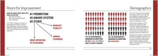 32 33
From the 110 surveys we received,
the majority (39% of entries) were
from freelance photojournalists.
Other photojournalists were mainly
from wire agencies (17%) and
medium newspapers (16%).
Almost three quarters of POYi
entrants are male and a little
over 60% identify themselves as
caucasian. Entries from POYi are
mainly from the United States,
but Italy and China also submit a
significant amount of photos too.
Typically, the majority of entries are in
the Still Photography Division (75%),
but POYi also sees a large amount
of entries coming from the Sports
Division (39%), Premier Division
(28%), Visual Editing (27%) and Best
Publication (5%).
Demographics
WHEN WE ASKED ABOUT WHAT POYI
COULD DO BETTER:
•	 39% said Promotion
•	 29% said the Award System
•	 29% said Other
The “Other” category we gave our
participants the option to write in
their suggestions, with more stable
Webcasts, Better Defined Categories
and an Annual Book being recurring
responses.
Room for Improvement
#1 PROMOTION
#2 AWARD SYSTEM
#2 OTHER
WEBCAST
STABILITY
MORE DEFINITION
TO CATEGORIES
ANNUAL
YEARBOOK
60% OF RESPONDENTS
ANSWEREDAS IDENTFYING
AS CAUCASIAN.
72% OF RESPONDENTS
ANSWEREDAS IDENTFYING
AS MALE, 22% AS FEMALE
AND 6% DIDN’T ANSWER.
60% OF RESPONDENTS
ANSWEREDAS IDENTFYING
AS CAUCASIAN.
72% OF RESPONDENTS
ANSWEREDAS IDENTFYING
AS MALE, 22% AS FEMALE
AND 6% DIDN’T ANSWER.
POYi.indd 32-33 5/8/15 8:07 PM
 