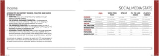 12 13
Income
ALTHOUGH POYI IS A NONPROFIT BUSINESS, IT HAS FOUR MAIN SOURCES
OF MONETARY INCOME:
•	 ENTRY FEES: These are currently $50, with an additional charge if
entering a Premiere Category.
•	 THE REYNOLDS JOURNALISM FOUNDATION: It funds educational
workshops and special exhibitions. It also pays for the shipping of
winning prints to and from exhibitions around the country.
•	 THE ANNENBERG FOUNDATION: This organization covers the cost of
producing the POYi exhibit at the Annenberg Space for Photography. This
partnership is subject to renewal each year.
•	 OCCASIONAL PRIVATE CONTRIBUTIONS: This is a very small percentage
of the total income. According to Dees and Anderson (2003), “Donors
should be attracted to the possibility of their dollars having greater social
impact when combined with the revenues earned from income activities.”
According to our research, the value of an award from POYi has decreased in
recent years, in part due to the poor budget. However, some of the perks of
an award include community awareness, additional work and job promotions.
SOCIAL MEDIA STATS
POYI
8,345 likes
1.25 posts/week
36 likes/post
3,953 followers
3 Tweets/week
1/Retweet/post
N/A
N/A
N/A
WORLD PRESS
PHOTO
193,993 likes
5.25 posts/week
131 likes/post
131,000 followers
53.5 Tweets/week
6 retweets/post
4,127 followers
9 Posts/week
70 favorites/post
NPPA BOP
8,855 likes
7.5 posts/week
23 likes/post
31,400 followers
12.25 Tweets/week
8 retweets/post
N/A
N/A
N/A
IPA - THE LUCIE
AWARDS
29,693 likes
0.25 posts/week
10 likes/post
533 likes
Inactive since 11/14
2 retweets/post
N/A
N/A
N/A
ATLANTA PJ
SEMINAR
1,417 likes
0.25 post/week
3 likes/post
666 followers
1 Tweet/week
1 retweet/post
306 followers
Inactive since 11/14
8 favorites/post
FACEBOOK
POSTS/WEEK
LIKES/POST
TWITTER
AVE. TWEETS/WK
RETWEETS/POST
INSTAGRAM
POSTS/WEEK
FAVORITES/POST
POYi.indd 12-13 5/8/15 8:07 PM
 
