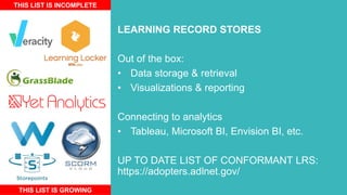 LEARNING RECORD STORES
Out of the box:
• Data storage & retrieval
• Visualizations & reporting
Connecting to analytics
• Tableau, Microsoft BI, Envision BI, etc.
UP TO DATE LIST OF CONFORMANT LRS:
https://adopters.adlnet.gov/
THIS LIST IS INCOMPLETE
THIS LIST IS GROWING
 