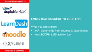 LMSes THAT CONNECT TO YOUR LRS
What you can expect:
• xAPI statements from courses & experiences
• Non-SCORM LMS activity, too
THIS LIST IS INCOMPLETE
THIS LIST IS GROWING
 