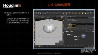 Copyright © Side Effects Software Inc. 2014 All Rights Reserved.
1-6 Gridの調整
14. Rows と Columns をそれぞれ 3
にする。
このRows と Columnsはそれぞれ
の「点」の数であり、「面」の数ではな
い。面の数は結果的に2x2になる。
 