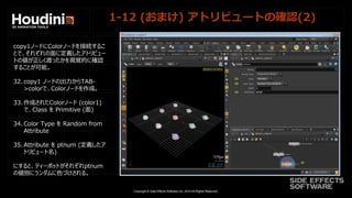 Copyright © Side Effects Software Inc. 2014 All Rights Reserved.
1-12 (おまけ) アトリビュートの確認(2)
copy1ノードにColorノードを接続するこ
とで、それぞれの面に定義したアトリビュー
トの値が正しく渡ったかを視覚的に確認
することが可能。
32. copy1 ノードの出力からTAB-
>colorで、Colorノードを作成。
33. 作成されたColorノード (color1)
で、Class を Primitive (面)
34. Color Type を Random from
Attribute
35. Attribute を ptnum (定義したア
トリビュート名)
にすると、ティーポットがそれぞれptnum
の値別にランダムに色づけされる。
 