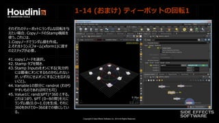 Copyright © Side Effects Software Inc. 2014 All Rights Reserved.
1-14 (おまけ) ティーポットの回転1
それぞれのティーポットにランダムな回転を与
えたい場合、CopyノードのStamp機能を
使う。これには、
1.Copyノードでランダム値を作成。
2.それをトランスフォーム(xform1)に渡す
の2ステップが必要。
41. copy1ノードを選択。
42. Stamp タブを開き、
43. Stamp Inputsをオンにする(気分的
には最後にオンにするものかもしれない
が、いずれにせよオンにすることを忘れな
いこと)。
44. Variable1の部分に randrot (わかり
やすいものであれば何でも可)
45. Value1に rand($PT)*360 とする。
これはつまり、$PT (0~8の間)を元に
ランダム値(0.0~1.0)を生成、それに
360をかけて0~360までの値にしてい
る。
 