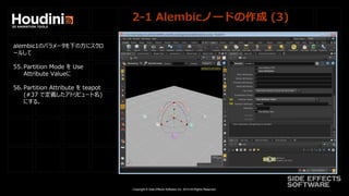 Copyright © Side Effects Software Inc. 2014 All Rights Reserved.
2-1 Alembicノードの作成 (3)
alembic1のパラメータを下の方にスクロ
ールして
55. Partition Mode を Use
Attribute Valueに
56. Partition Attribute を teapot
(#37 で定義したアトリビュート名)
にする。
 