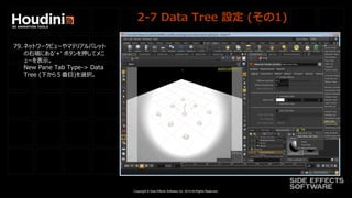 Copyright © Side Effects Software Inc. 2014 All Rights Reserved.
2-7 Data Tree 設定 (その1)
79. ネットワークビューやマテリアルパレット
の右端にある'+' ボタンを押してメニ
ューを表示。
New Pane Tab Type-> Data
Tree (下から５番目)を選択。
 