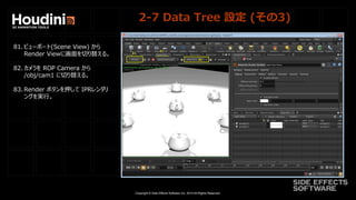 Copyright © Side Effects Software Inc. 2014 All Rights Reserved.
2-7 Data Tree 設定 (その3)
81. ビューポート(Scene View) から
Render Viewに画面を切り替える。
82. カメラを ROP Camera から
/obj/cam1 に切り替える。
83. Render ボタンを押して IPRレンダリ
ングを実行。
 