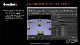 Copyright © Side Effects Software Inc. 2014 All Rights Reserved.
2-8 Data Tree ライティング (その7)
93. grid_object1のLight Selection
は、デフォルトでは、* (すべて) となっ
ているが、 lb:blue と書き換える。
すると、左画面でわかるように、地面
部分だけが、blue とタグされた
spotlight1 のみで照らされるように
なる。
 