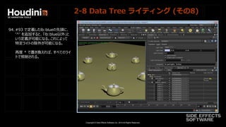 Copyright © Side Effects Software Inc. 2014 All Rights Reserved.
2-8 Data Tree ライティング (その8)
94. #93 で定義したlb:blueの先頭に、
'^' を追加すると、「lb:blue以外」と
いう定義が可能になる。これによって
特定ライトの除外が可能になる。
再度 * で置き換えれば、すべてのライ
トで照射される。
 