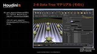 Copyright © Side Effects Software Inc. 2014 All Rights Reserved.
2-8 Data Tree マテリアル (その1)
95. grid_object1のMaterialの部分
の'+' をクリック、表示されるリスト
(96)から、checkerboardを選択。
これにより、grid_object1に
checkerboardマテリアルがアサイン
される。
 