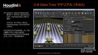 Copyright © Side Effects Software Inc. 2014 All Rights Reserved.
2-8 Data Tree マテリアル (その2)
97. platonic_object1のMaterialの
部分の'+' をクリック、表示されるリス
トから、mantrasurface (98) を
選択。
これにより、すべてのティーポットに
mantrasurface マテリアルがアサイ
ンされる。
さらに多くのマテリアルを作成し、ティーポッ
ト個別にアサインするのであれば、
Material Paletteからマテリアルを作成
(2-6, #75 ~ 78)を繰り返す。
 