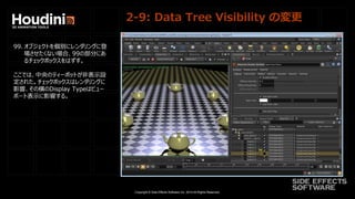 Copyright © Side Effects Software Inc. 2014 All Rights Reserved.
2-9: Data Tree Visibility の変更
99. オブジェクトを個別にレンダリングに登
場させたくない場合、99の部分にあ
るチェックボックスをはずす。
ここでは、中央のティーポットが非表示設
定された。チェックボックスはレンダリングに
影響、その横のDisplay Typeはビュー
ポート表示に影響する。
 