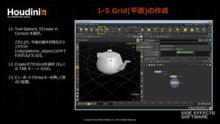 Copyright © Side Effects Software Inc. 2014 All Rights Reserved.
1-5 Grid(平面)の作成
11. Tool Options でCreate in
Context を選択。
これにより、今後の操作が現在のコ
ンテクスト
(/obj/platonic_object1)の中で
行われるようになる。
12. CreateタブからGridを選択 (もしく
は TAB キー -> Grid)。
13. ビューポートでEnterキーを押して原
点に配置。
 