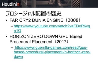 プロシージャル配置の歴史
• FAR CRY2 DUNIA ENGINE（2008）
– https://www.youtube.com/watch?v=FI3oR6vq
n1Q
• HORIZON ZERO DOWN GPU Based
Procedural Placement（2017）
– https://www.guerrilla-games.com/read/gpu-
based-procedural-placement-in-horizon-zero-
dawn
 