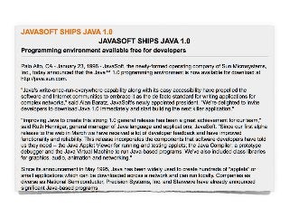 JDK 1.1 - 1997.
• inner classes
• JavaBeans
• JAR ﬁle
• JDBC
• RMI
• reﬂection (r/o)
• serialization
• JNI
• JIT Compiler ...