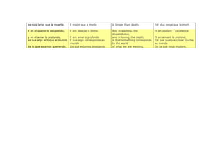 es más largo que la muerte.     É maior que a morte         is longer than death.           Est plus longe que la mort.

Y en el querer lo estupendo,    E em desejar o ótimo        And in wanting, the             Et en voulant l´excellence
                                                            stupenduous,
y en el amar lo profundo,       E em amar o profundo        and in loving, the depth,       Et en aimant le profond,
es que algo le toque al mundo   É que algo corresponda ao   is that something corresponds   Est que quelque chose touche
                                mundo                       to the world                    au monde
de lo que estamos queriendo.    Do que estamos desejando.   of what we are wanting.         De ce que nous voulons.
 