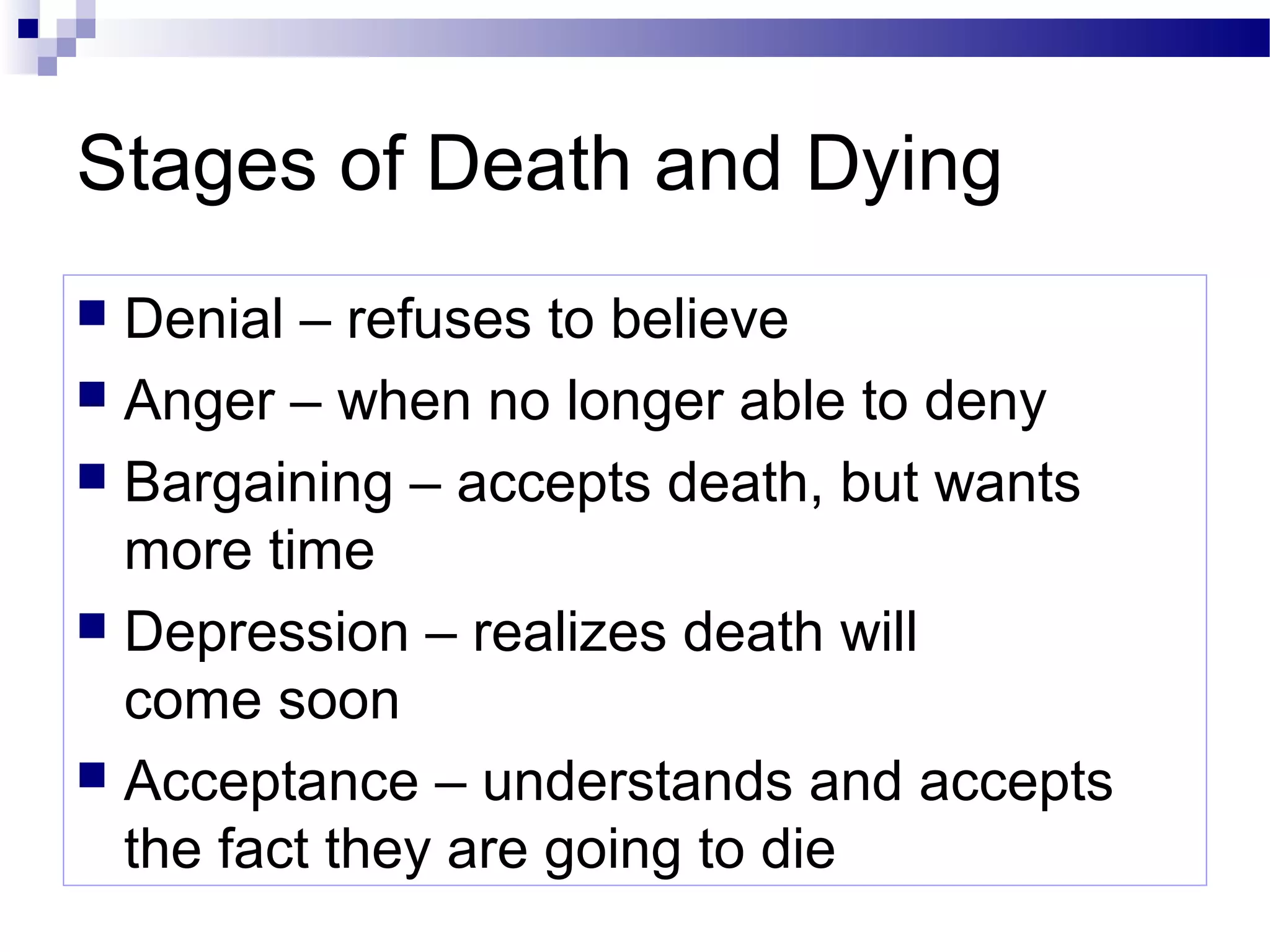 Stages of Death and Dying
 Denial – refuses to believe
 Anger – when no longer able to deny
 Bargaining – accepts death, but wants
more time
 Depression – realizes death will
come soon
 Acceptance – understands and accepts
the fact they are going to die
 